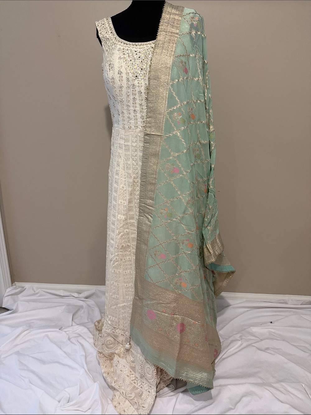 Elegant White Embroidered Maxi Dress with Mint Green Dupatta